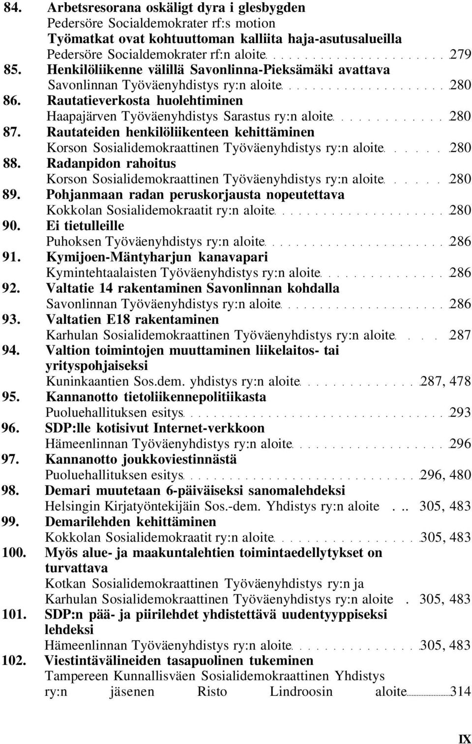 Rautateiden henkilöliikenteen kehittäminen Korson Sosialidemokraattinen Työväenyhdistys ry:n aloite 280 88. Radanpidon rahoitus Korson Sosialidemokraattinen Työväenyhdistys ry:n aloite 280 89.