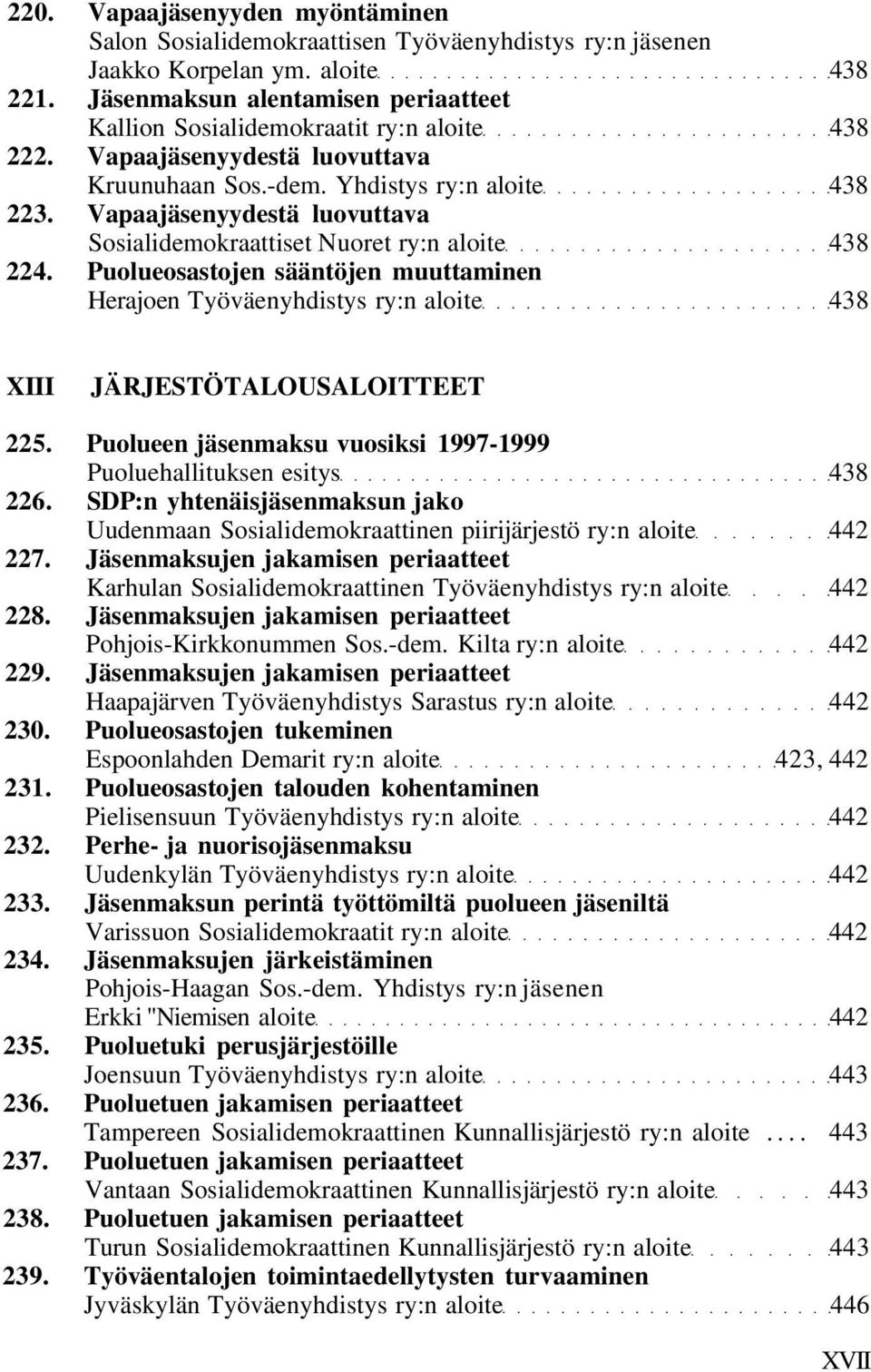 Vapaajäsenyydestä luovuttava Sosialidemokraattiset Nuoret ry:n aloite 438 224. Puolueosastojen sääntöjen muuttaminen Herajoen Työväenyhdistys ry:n aloite 438 XIII JÄRJESTÖTALOUSALOITTEET 225.