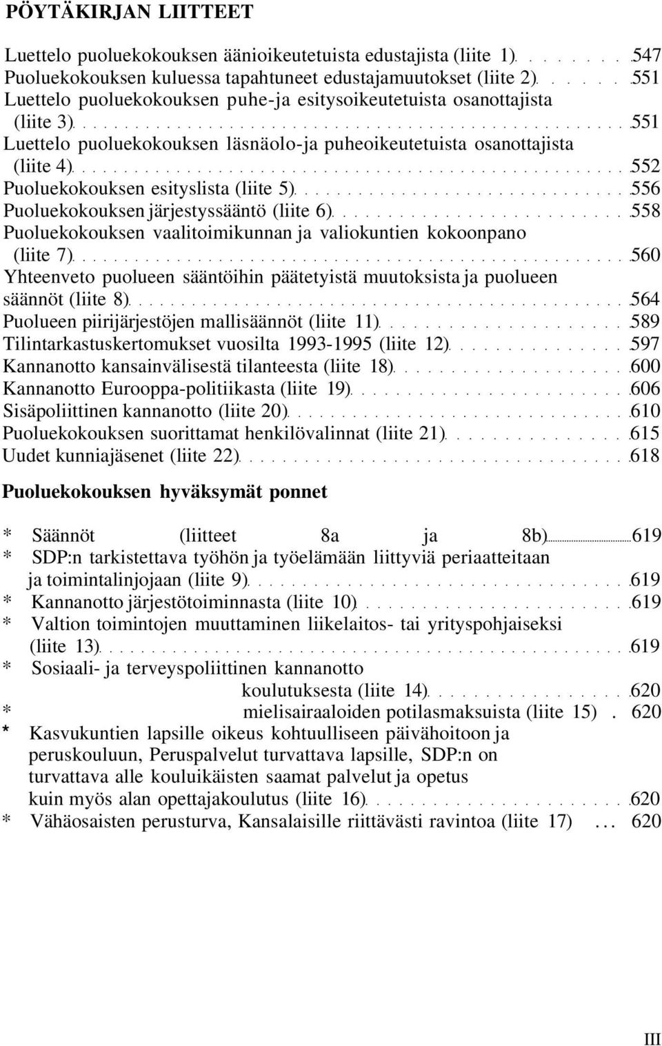 järjestyssääntö (liite 6) 558 Puoluekokouksen vaalitoimikunnan ja valiokuntien kokoonpano (liite 7) 560 Yhteenveto puolueen sääntöihin päätetyistä muutoksista ja puolueen säännöt (liite 8) 564