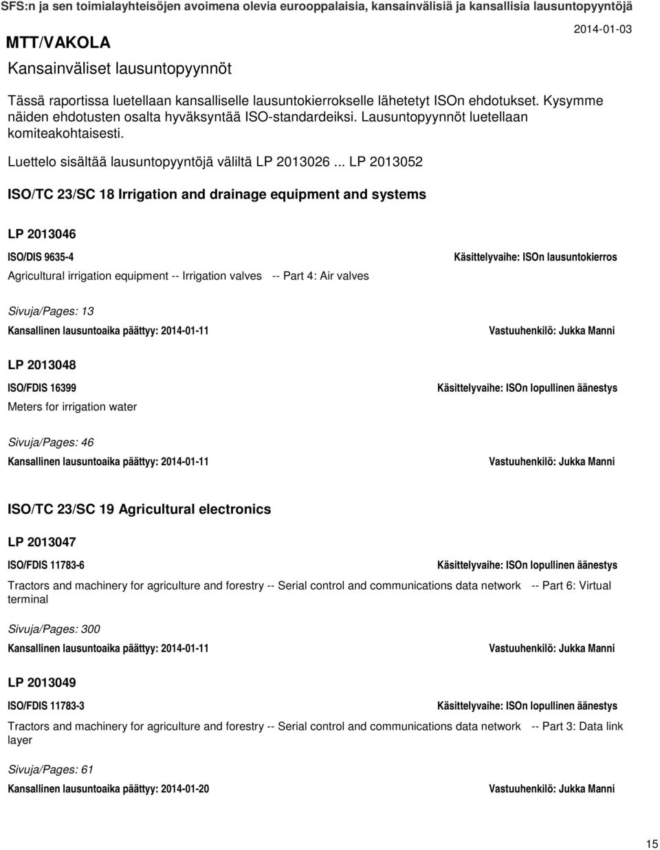 .. LP 2013052 ISO/TC 23/SC 18 Irrigation and drainage equipment and systems LP 2013046 ISO/DIS 9635-4 Agricultural irrigation equipment -- Irrigation valves -- Part 4: Air valves Sivuja/Pages: 13