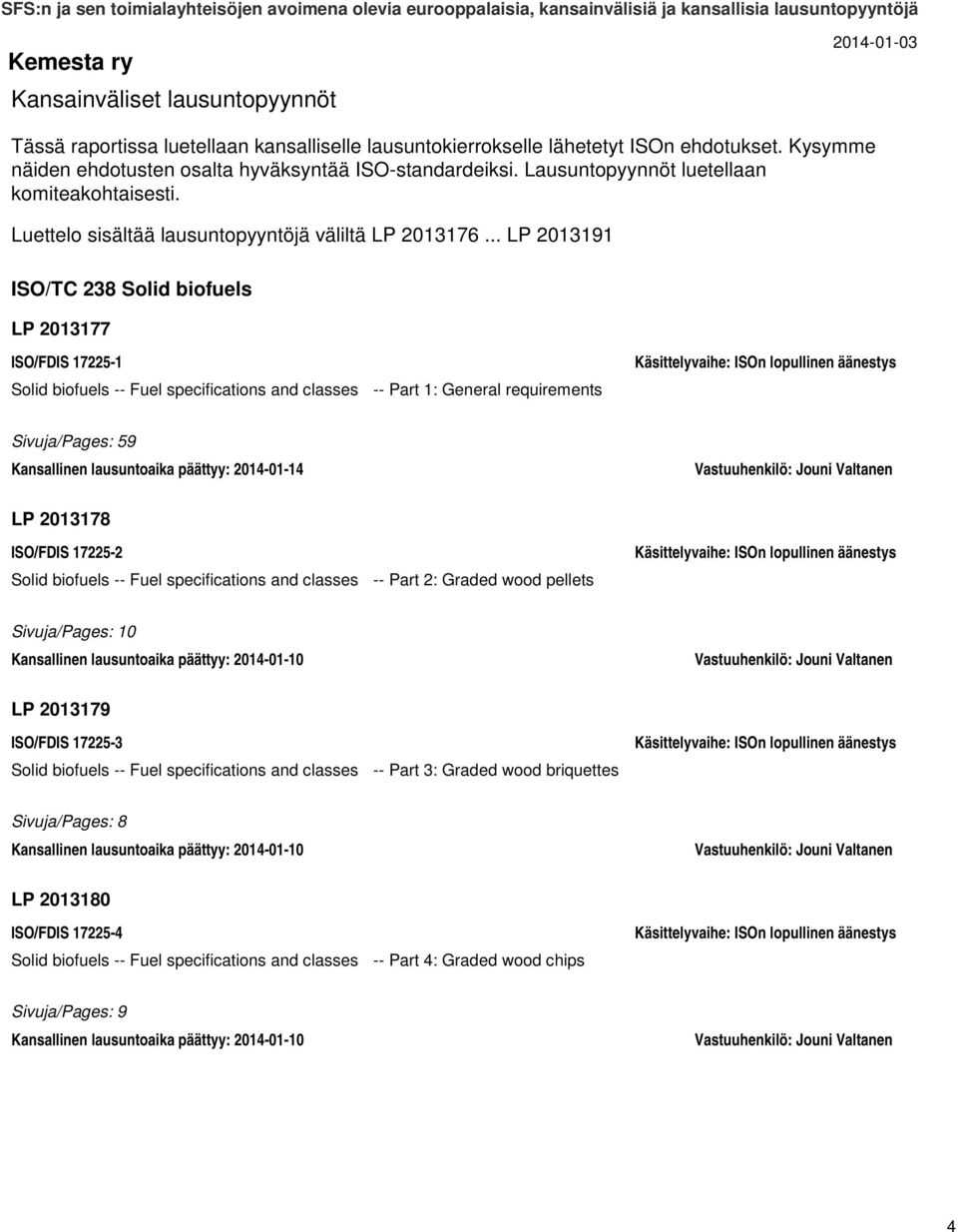 .. LP 2013191 ISO/TC 238 Solid biofuels LP 2013177 ISO/FDIS 17225-1 Solid biofuels -- Fuel specifications and classes -- Part 1: General requirements Sivuja/Pages: 59 Kansallinen lausuntoaika