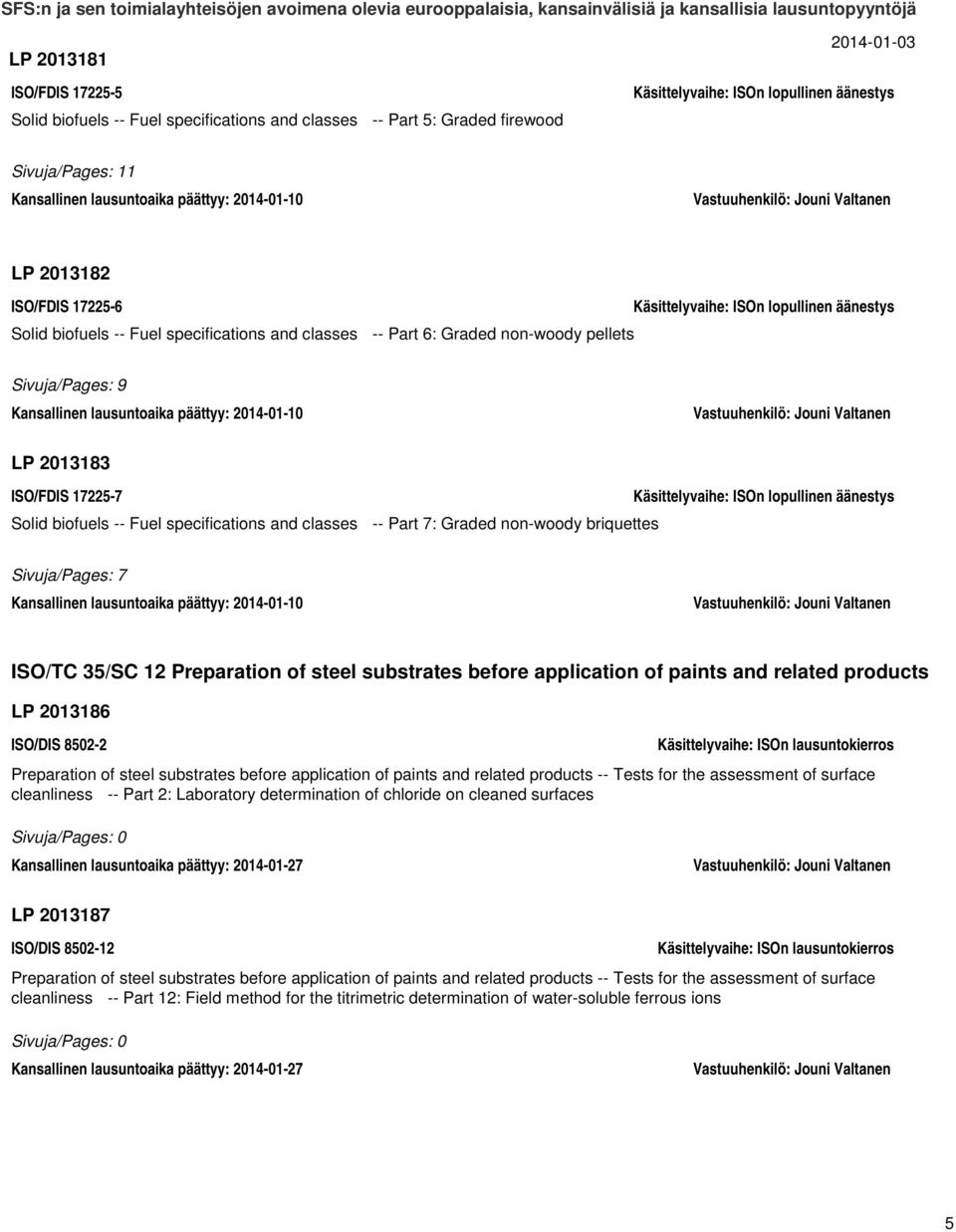 specifications and classes -- Part 7: Graded non-woody briquettes Sivuja/Pages: 7 Kansallinen lausuntoaika päättyy: 2014-01-10 ISO/TC 35/SC 12 Preparation of steel substrates before application of