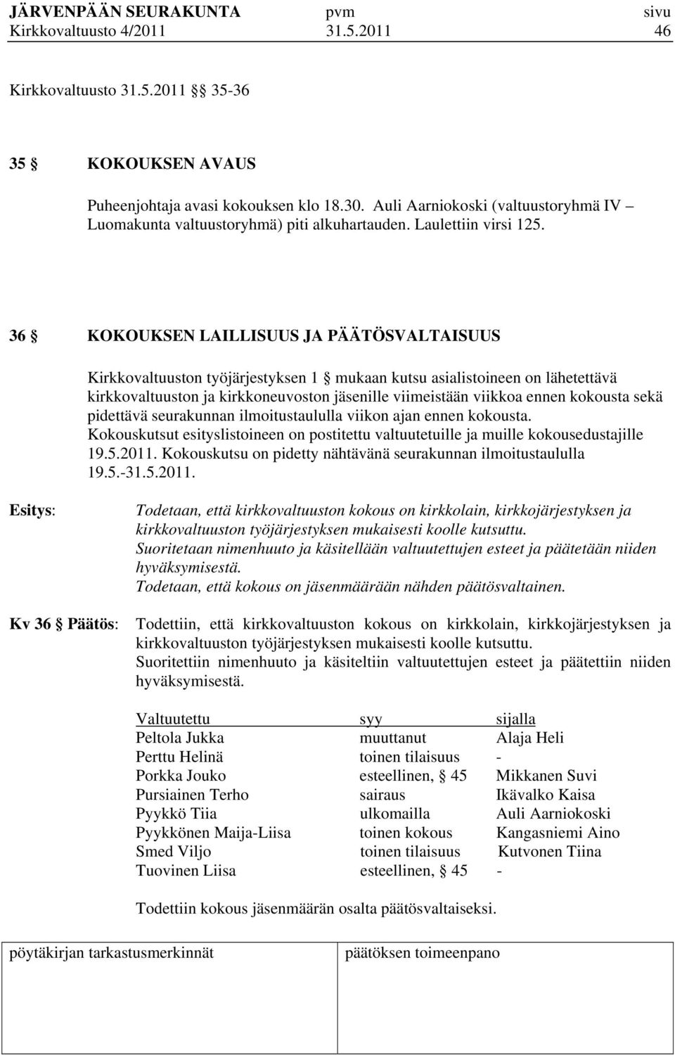 36 KOKOUKSEN LAILLISUUS JA PÄÄTÖSVALTAISUUS Kirkkovaltuuston työjärjestyksen 1 mukaan kutsu asialistoineen on lähetettävä kirkkovaltuuston ja kirkkoneuvoston jäsenille viimeistään viikkoa ennen