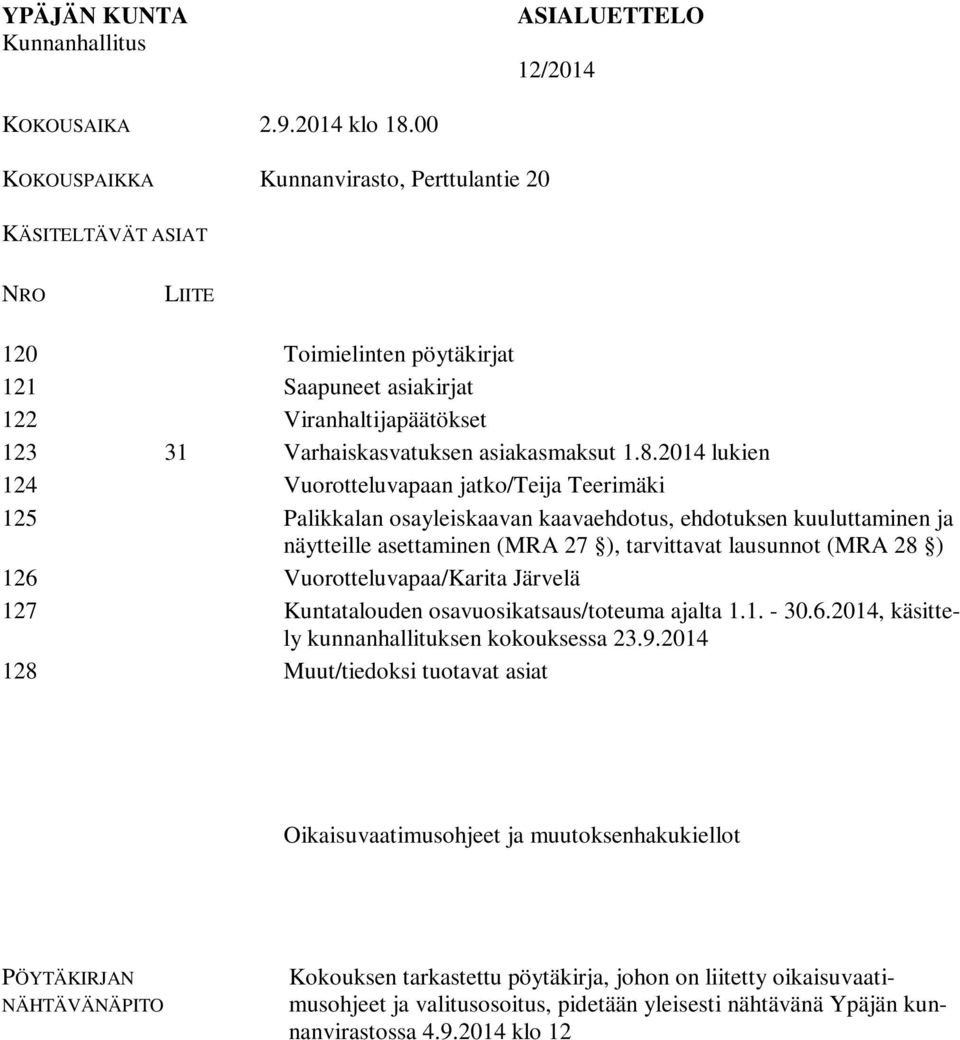 2014 lukien 124 Vuorotteluvapaan jatko/teija Teerimäki 125 Palikkalan osayleiskaavan kaavaehdotus, ehdotuksen kuuluttaminen ja näytteille asettaminen (MRA 27 ), tarvittavat lausunnot (MRA 28 ) 126