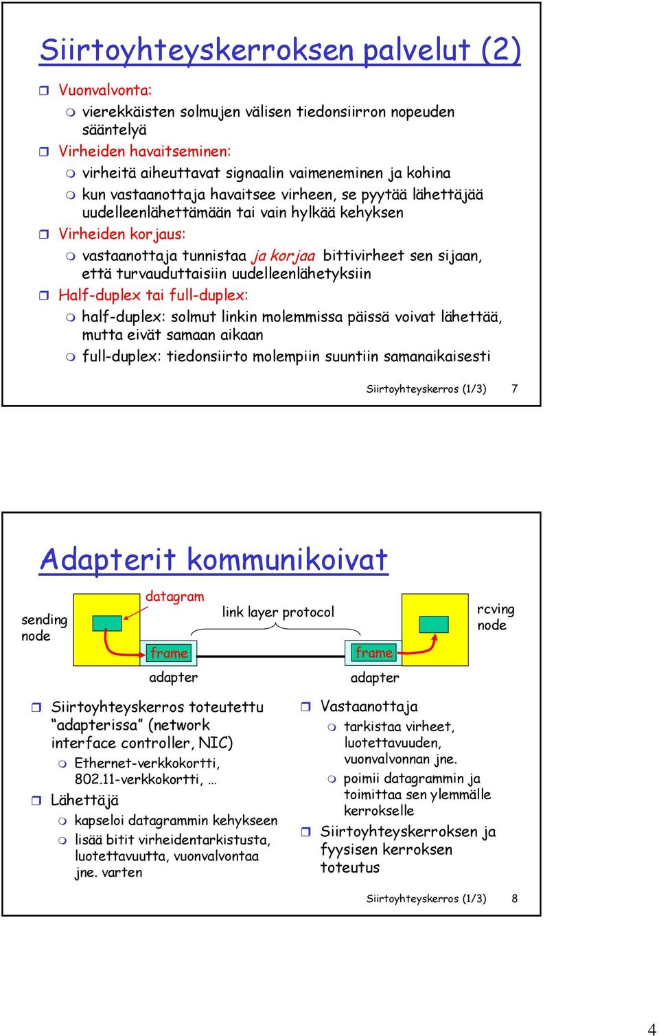 uudelleenlähetyksiin Half-duplex tai full-duplex: half-duplex: solmut linkin molemmissa päissä voivat lähettää, mutta eivät samaan aikaan full-duplex: tiedonsiirto molempiin suuntiin samanaikaisesti