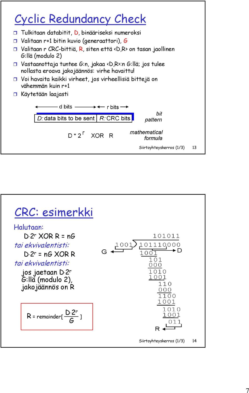 Voi havaita kaikki virheet, jos virheellisiä bittejä on vähemmän kuin r+1 Käytetään laajasti Siirtoyhteyskerros (1/3) 13 CRC: esimerkki Halutaan: D.