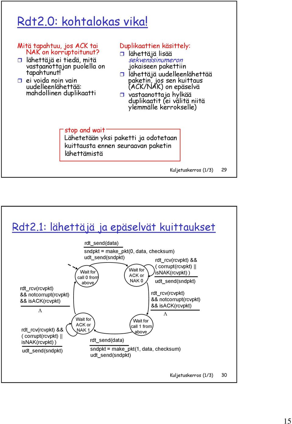(ACK/NAK) on epäselvä vastaanottaja hylkää duplikaatit (ei välitä niitä ylemmälle kerrokselle) stop and wait ähetetään yksi paketti ja odotetaan kuittausta ennen seuraavan paketin lähettämistä