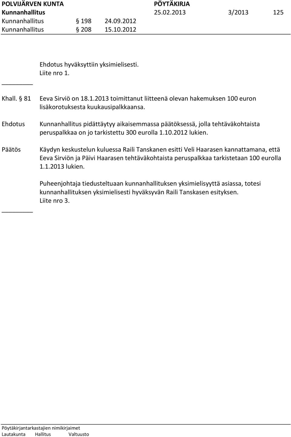 Käydyn keskustelun kuluessa Raili Tanskanen esitti Veli Haarasen kannattamana, että Eeva Sirviön ja Päivi Haarasen tehtäväkohtaista peruspalkkaa tarkistetaan 100 eurolla 1.1.2013 lukien.