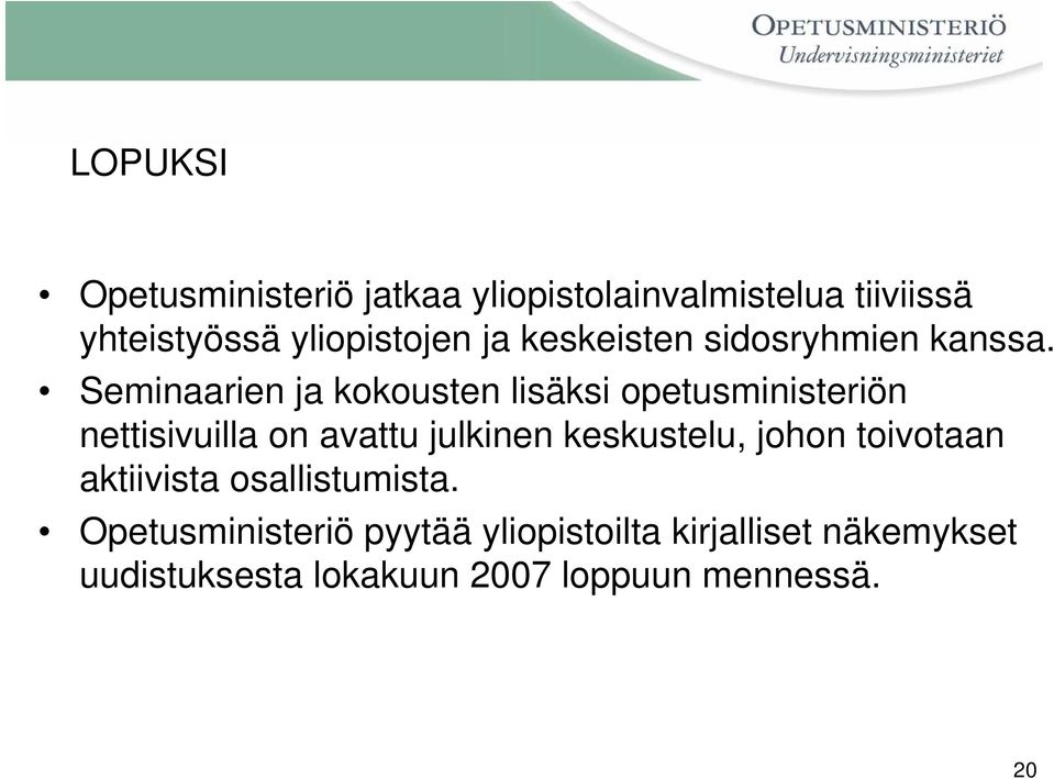 Seminaarien ja kokousten lisäksi opetusministeriön nettisivuilla on avattu julkinen