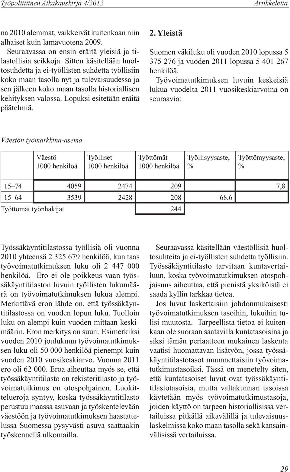 Lopuksi esitetään eräitä päätelmiä. 2. Yleistä Suomen väkiluku oli vuoden 2010 lopussa 5 375 276 ja vuoden 2011 lopussa 5 401 267 henkilöä.