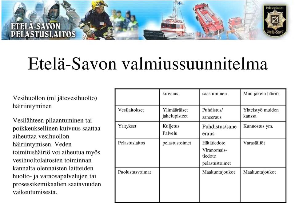 Veden toimitushäiriö voi aiheutua myös vesihuoltolaitosten toiminnan kannalta olennaisten laitteiden huolto- ja varaosapalvelujen tai prosessikemikaalien saatavuuden