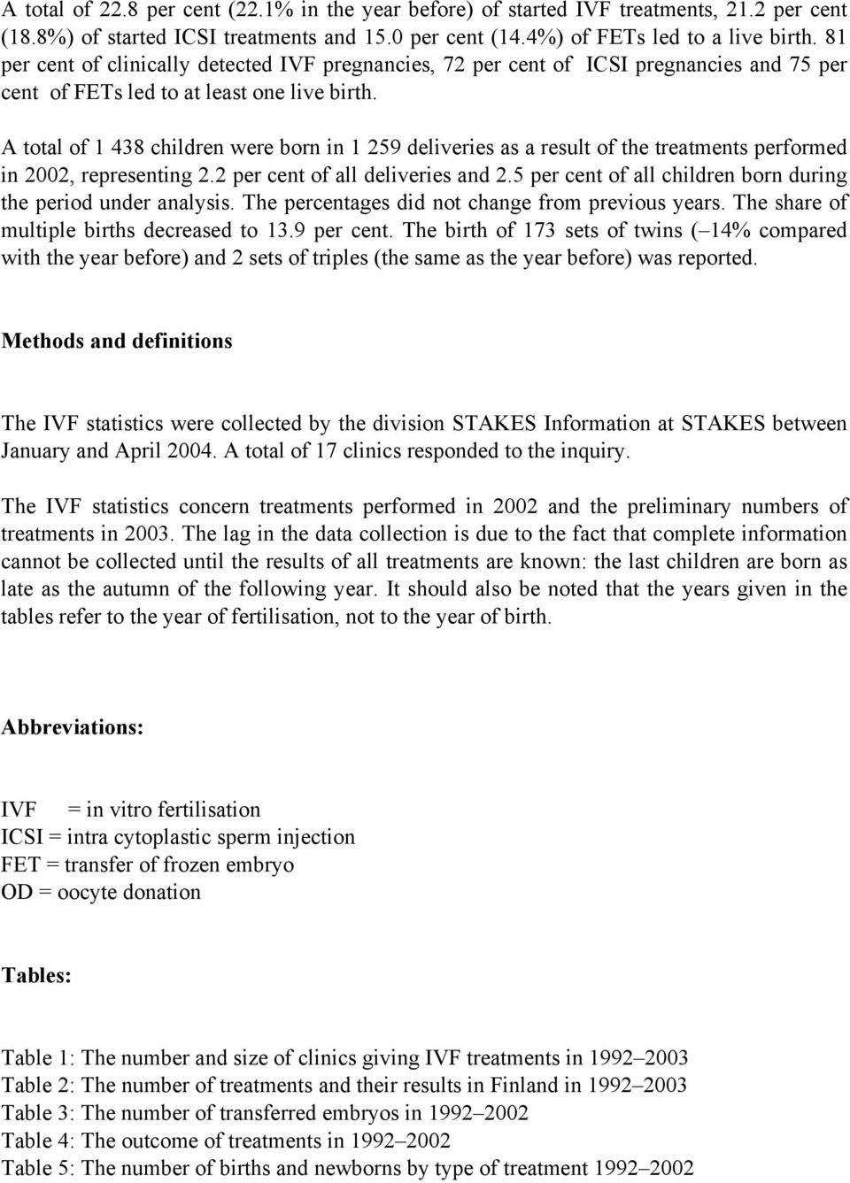 A total of 1 438 children were born in 1 259 deliveries as a result of the treatments performed in 2002, representing 2.2 per cent of all deliveries and 2.