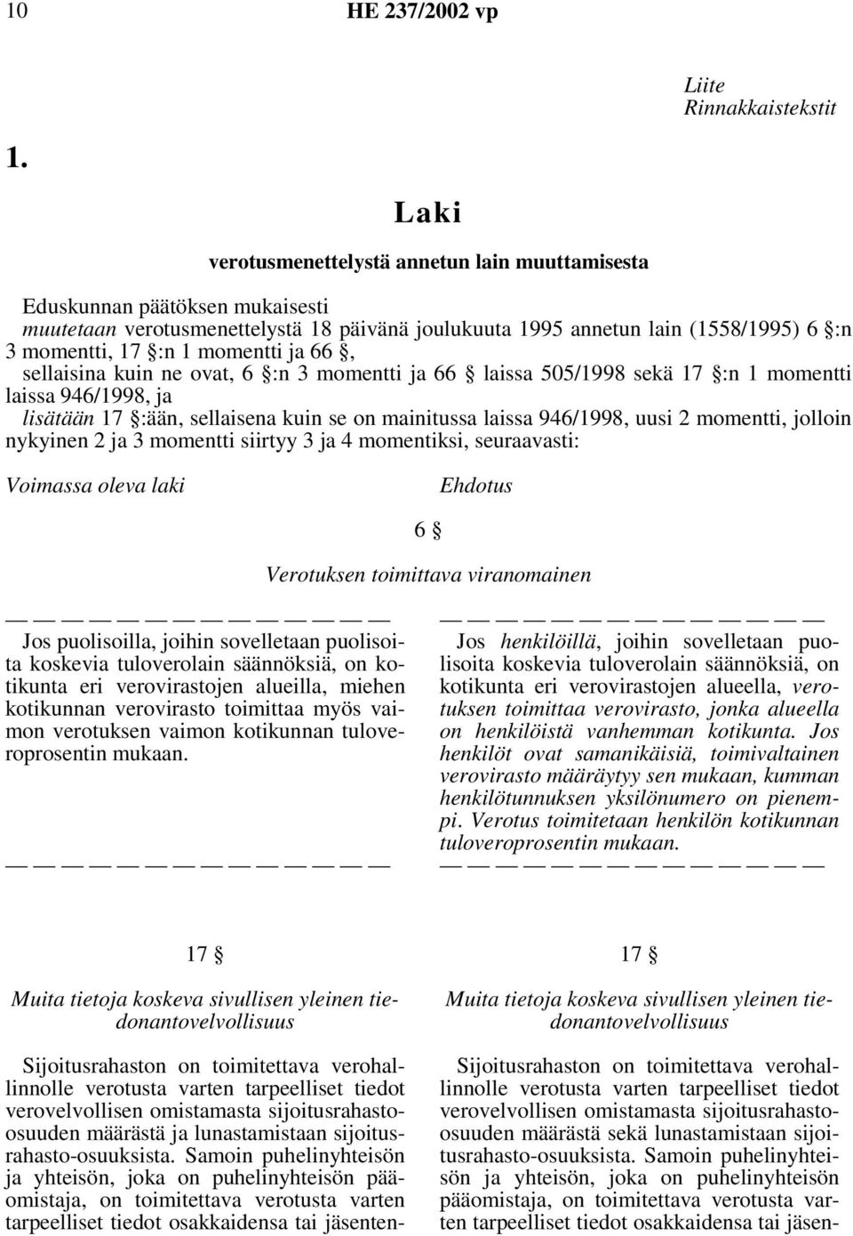 ja 66, sellaisina kuin ne ovat, 6 :n 3 momentti ja 66 laissa 505/1998 sekä 17 :n 1 momentti laissa 946/1998, ja lisätään 17 :ään, sellaisena kuin se on mainitussa laissa 946/1998, uusi 2 momentti,