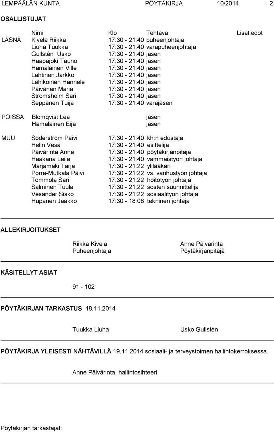17:30-21:40 jäsen Seppänen Tuija 17:30-21:40 varajäsen POISSA Blomqvist Lea jäsen Hämäläinen Eija jäsen MUU Söderström Päivi 17:30-21:40 kh:n edustaja Helin Vesa 17:30-21:40 esittelijä Päivärinta