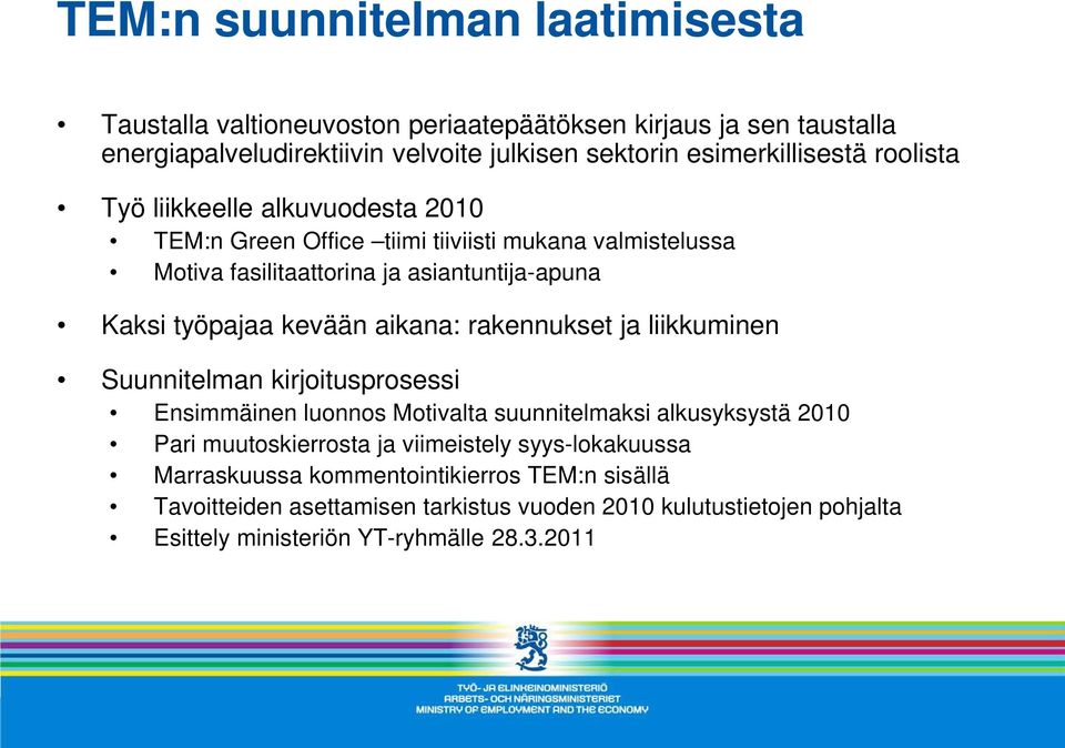 työpajaa kevään aikana: rakennukset ja liikkuminen kirjoitusprosessi Ensimmäinen luonnos Motivalta suunnitelmaksi alkusyksystä 2010 Pari muutoskierrosta ja