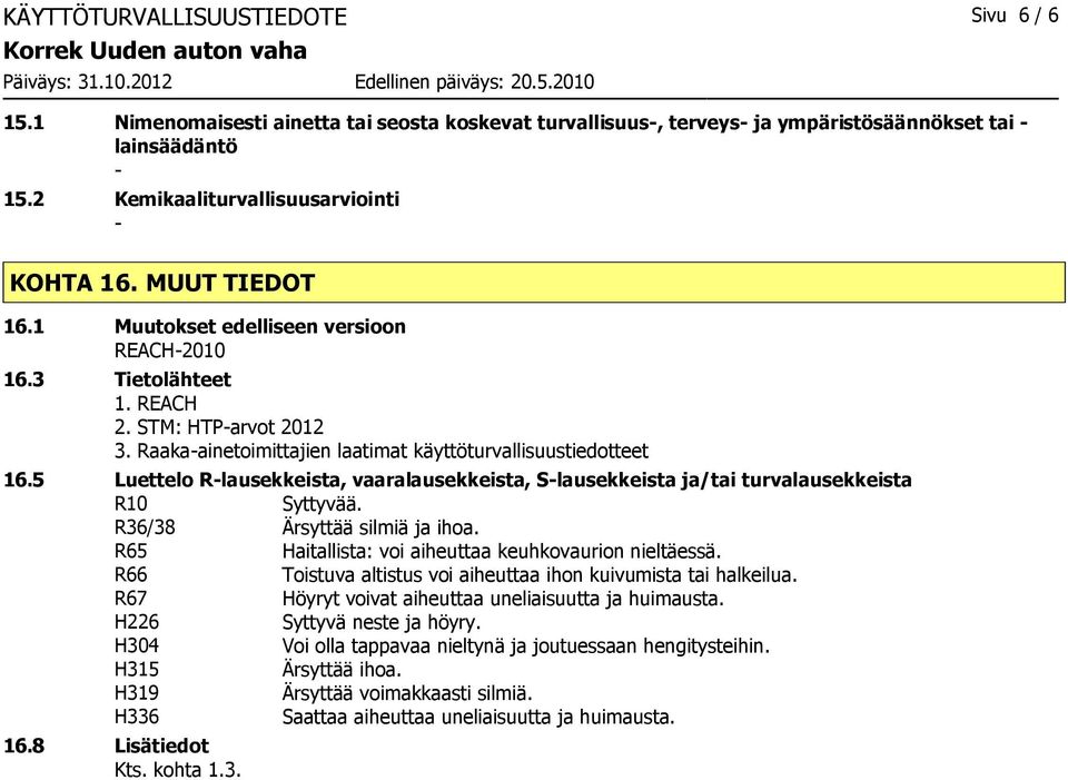 5 Luettelo Rlausekkeista, vaaralausekkeista, Slausekkeista ja/tai turvalausekkeista R10 Syttyvää. R36/38 Ärsyttää silmiä ja ihoa. R65 Haitallista: voi aiheuttaa keuhkovaurion nieltäessä.