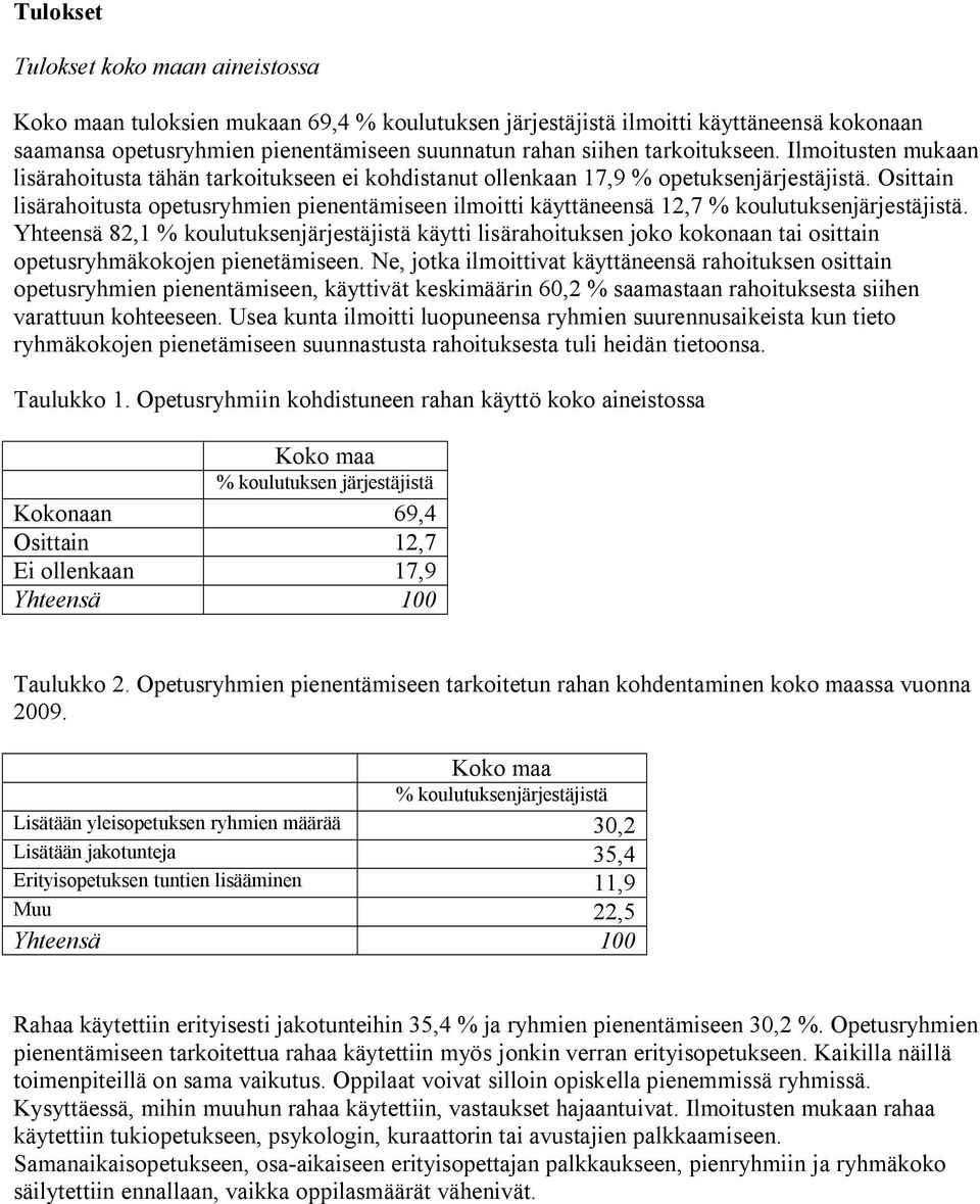 Osittain lisärahoitusta opetusryhmien pienentämiseen ilmoitti käyttäneensä 12,7 % koulutuksenjärjestäjistä.