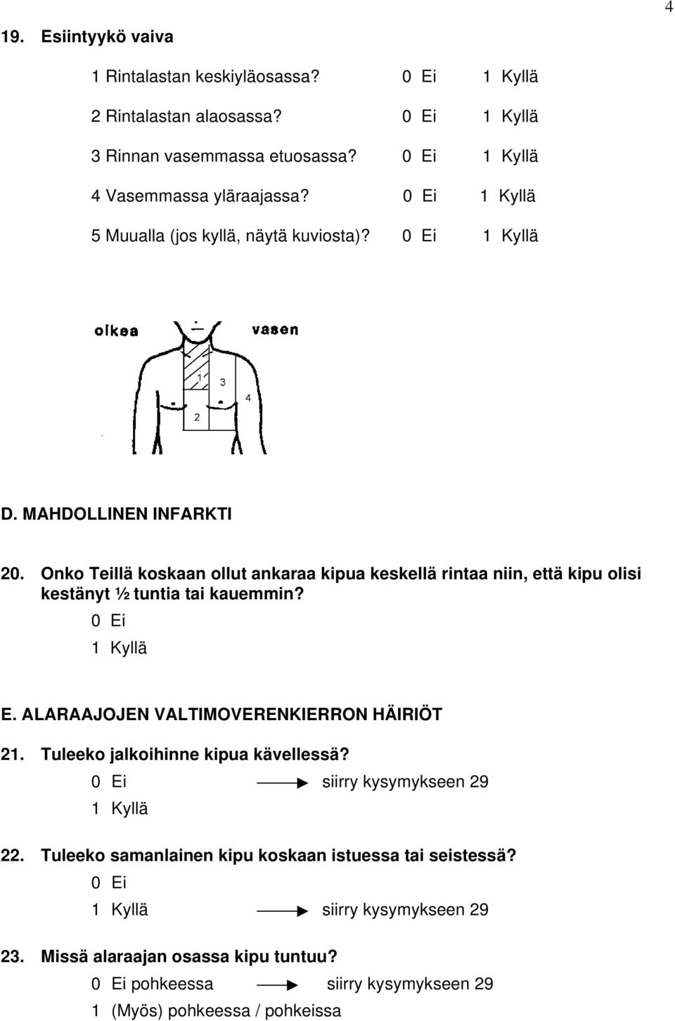 Onko Teillä koskaan ollut ankaraa kipua keskellä rintaa niin, että kipu olisi kestänyt ½ tuntia tai kauemmin? E.