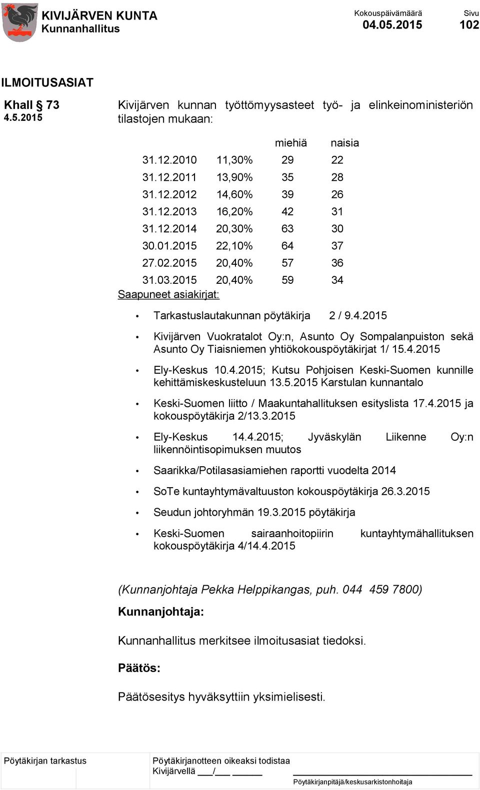 4.2015 Ely-Keskus 10.4.2015; Kutsu Pohjoisen Keski-Suomen kunnille kehittämiskeskusteluun 13.5.2015 Karstulan kunnantalo Keski-Suomen liitto / Maakuntahallituksen esityslista 17.4.2015 ja kokouspöytäkirja 2/13.