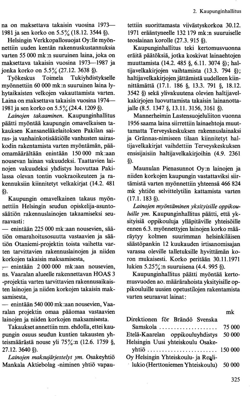 3638 ). Työkeskus Toimela Tukiyhdistykselle myönnettiin 60 000 mk:n suuruinen laina lyhytaikaisten velkojen vakauttamista varten. Laina on maksettava takaisin vuosina 1974 1981 ja sen korko on 5.