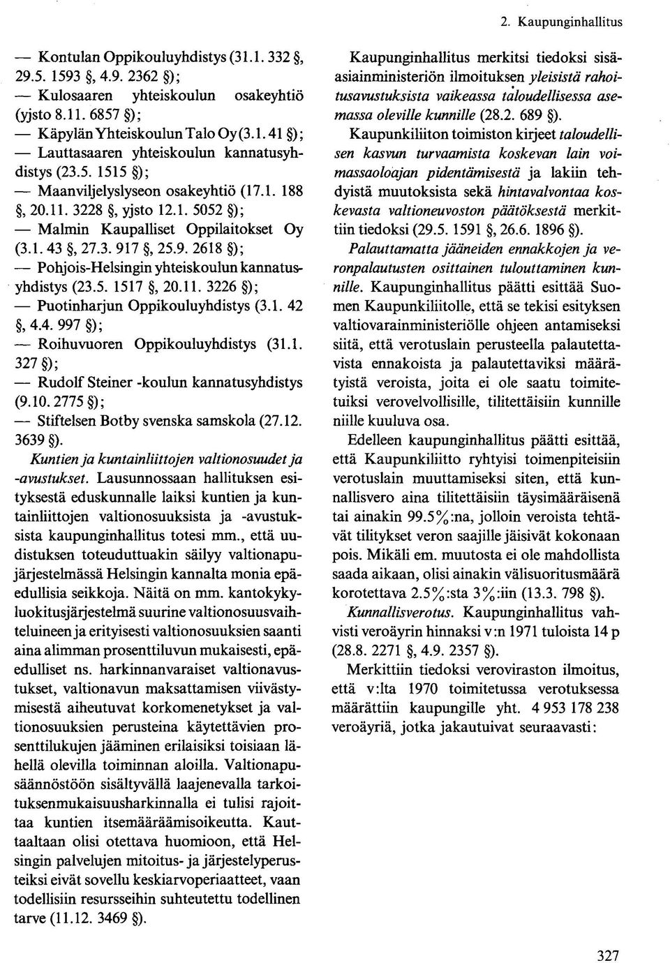 7, 25.9. 2618 ); Pohjois-Helsingin yhteiskoulun kannatusyhdistys (23.5. 1517, 20.11. 3226 ); Puotinharjun Oppikouluyhdistys (3.1. 42, 4.4. 997 ); Roihuvuoren Oppikouluyhdistys (31.1. 327 ); Rudolf Steiner -koulun kannatusyhdistys (9.