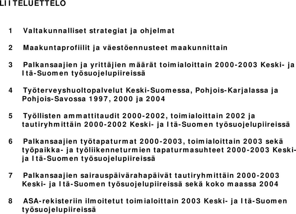 2000-2002 Keski- ja Itä-Suomen työsuojelupiireissä 6 Palkansaajien työtapaturmat 2000-2003, toimialoittain 2003 sekä työpaikka- ja työliikenneturmien tapaturmasuhteet 2000-2003 Keskija Itä-Suomen