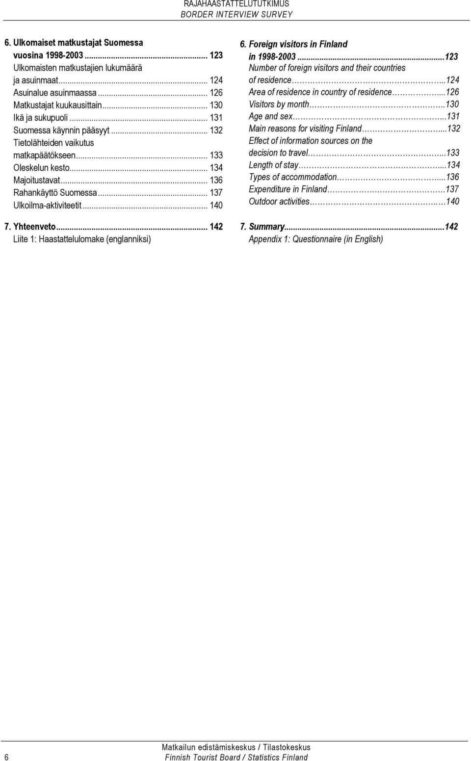 Yhteenveto... 142 Liite 1: Haastattelulomake (englanniksi) 6. Foreign visitors in Finland in 1998-2003...123 Number of foreign visitors and their countries of residence.