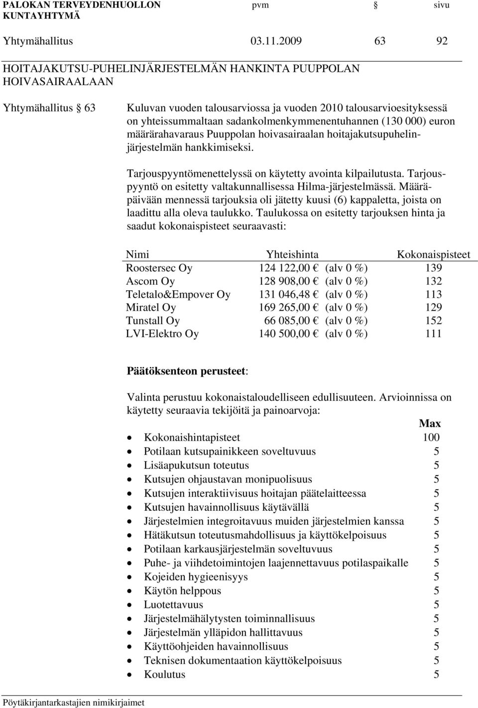 sadankolmenkymmenentuhannen (130 000) euron määrärahavaraus Puuppolan hoivasairaalan hoitajakutsupuhelinjärjestelmän hankkimiseksi. Tarjouspyyntömenettelyssä on käytetty avointa kilpailutusta.