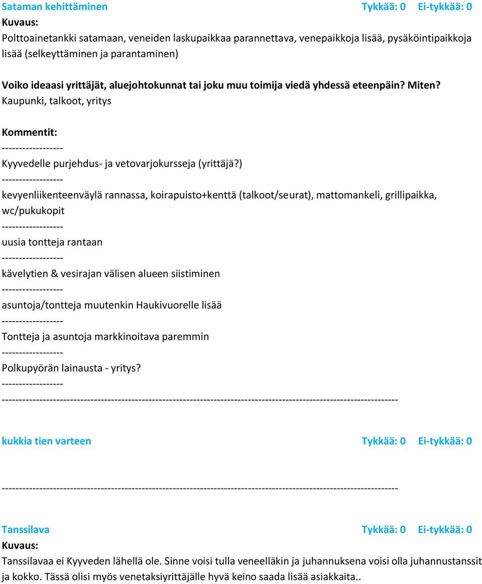 ) kevyenliikenteenväylä rannassa, koirapuisto+kenttä (talkoot/seurat), mattomankeli, grillipaikka, wc/pukukopit uusia tontteja rantaan kävelytien & vesirajan välisen alueen siistiminen