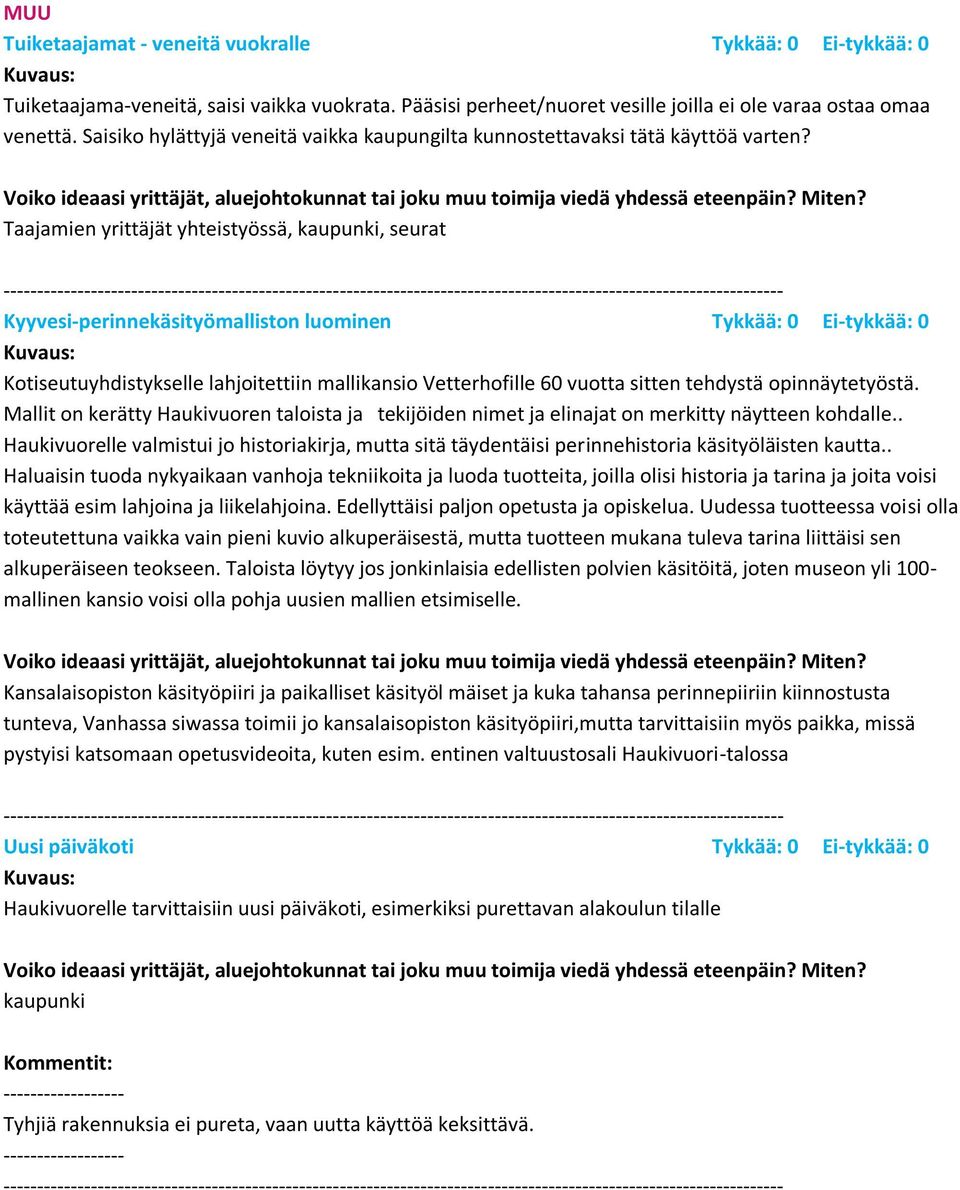 Taajamien yrittäjät yhteistyössä, kaupunki, seurat -------- Kyyvesi-perinnekäsityömalliston luominen Tykkää: 0 Ei-tykkää: 0 Kotiseutuyhdistykselle lahjoitettiin mallikansio Vetterhofille 60 vuotta