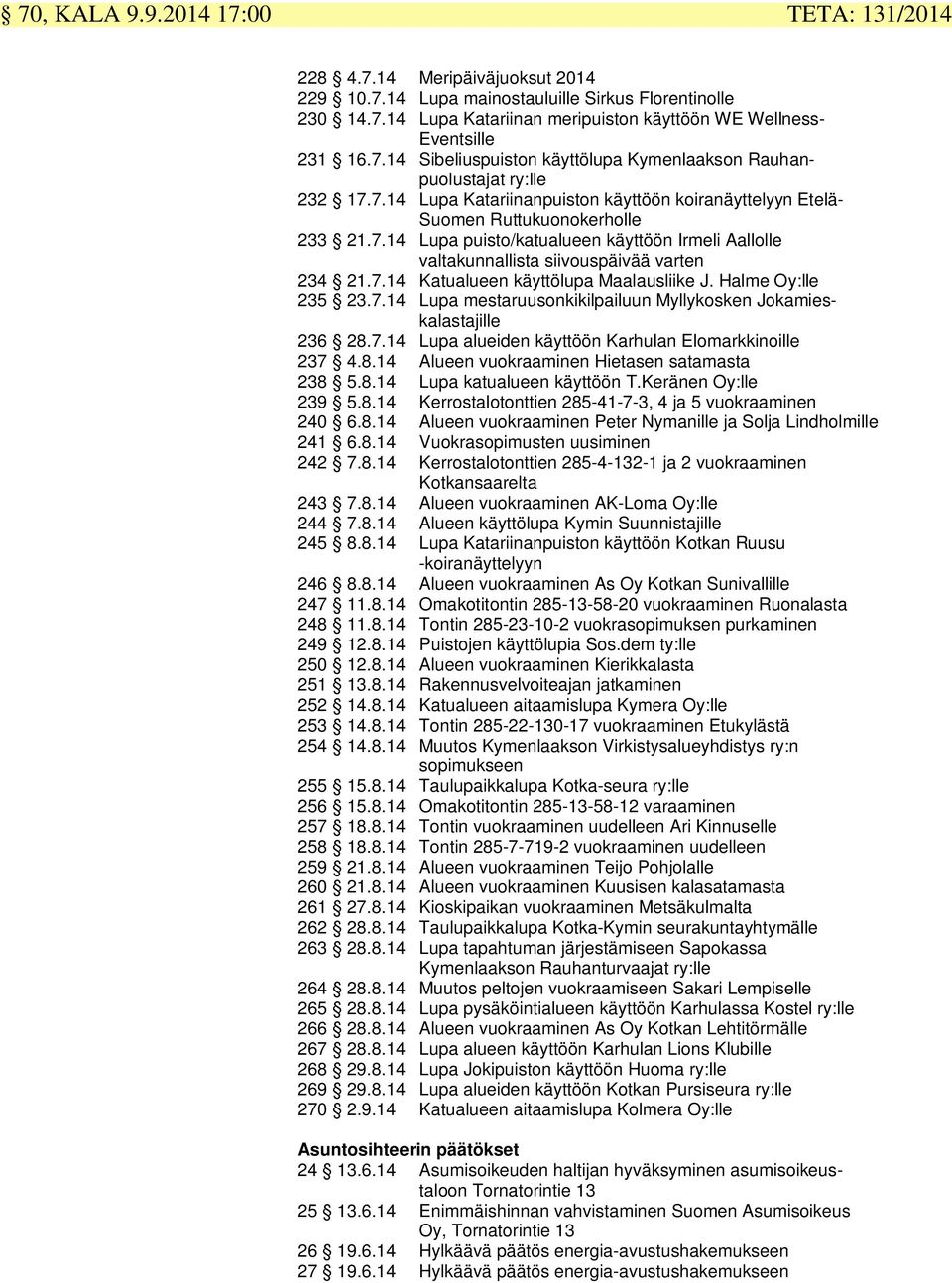 7.14 Katualueen käyttölupa Maalausliike J. Halme Oy:lle 235 23.7.14 Lupa mestaruusonkikilpailuun Myllykosken Jokamieskalastajille 236 28.7.14 Lupa alueiden käyttöön Karhulan Elomarkkinoille 237 4.8.14 Alueen vuokraaminen Hietasen satamasta 238 5.