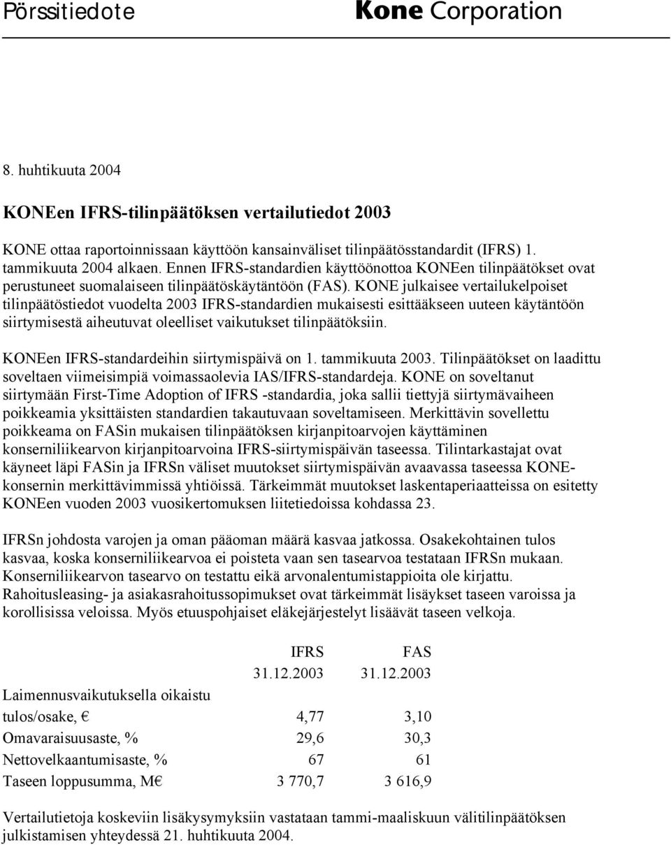 KONE julkaisee vertailukelpoiset tilinpäätöstiedot vuodelta 2003 IFRS-standardien mukaisesti esittääkseen uuteen käytäntöön siirtymisestä aiheutuvat oleelliset vaikutukset tilinpäätöksiin.