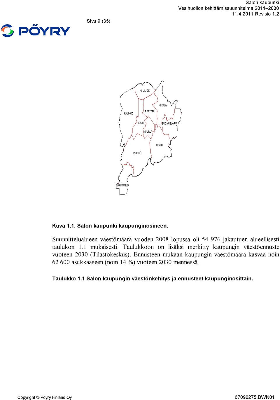 1 mukaisesti. Taulukkoon on lisäksi merkitty kaupungin väestöennuste vuoteen 2030 (Tilastokeskus).