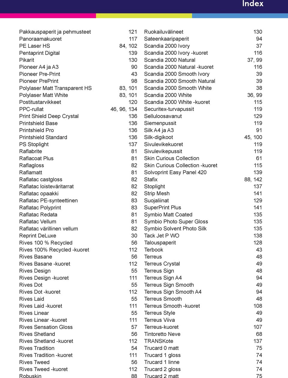 Stoplight 137 Raflabrite 81 Raflacoat Plus 81 Raflagloss 82 Raflamatt 81 Raflatac castgloss 82 Raflatac loisteväritarrat 82 Raflatac opaakki 82 Raflatac PE-synteettinen 83 Raflatac Polyprint 83