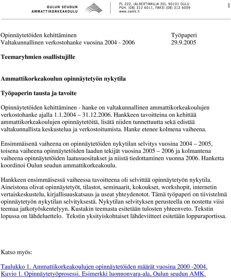 ajalla 1.1.2004 31.12.2006. Hankkeen tavoitteina on kehittää ammattikorkeakoulujen opinnäytetöitä, lisätä niiden tunnettuutta sekä edistää valtakunnallista keskustelua ja verkostoitumista.