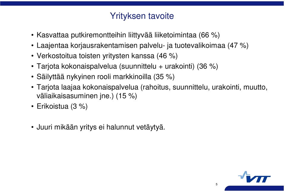 (suunnittelu + urakointi) (36 %) Säilyttää nykyinen rooli markkinoilla (35 %) Tarjota laajaa kokonaispalvelua