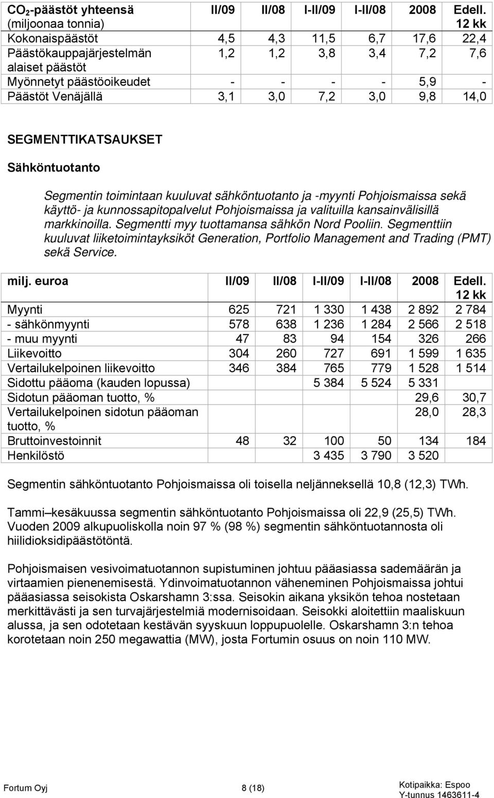 SEGMENTTIKATSAUKSET Sähköntuotanto Segmentin toimintaan kuuluvat sähköntuotanto ja -myynti Pohjoismaissa sekä käyttö- ja kunnossapitopalvelut Pohjoismaissa ja valituilla kansainvälisillä markkinoilla.