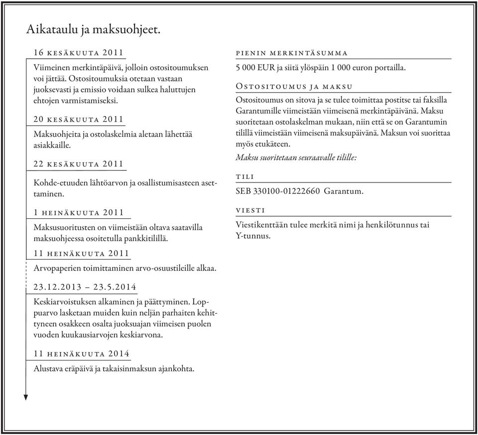 22 kesäkuuta 2011 Kohde-etuuden lähtöarvon ja osallistumisasteen asettaminen. 1 heinäkuuta 2011 Maksusuoritusten on viimeistään oltava saatavilla maksuohjeessa osoitetulla pankkitilillä.