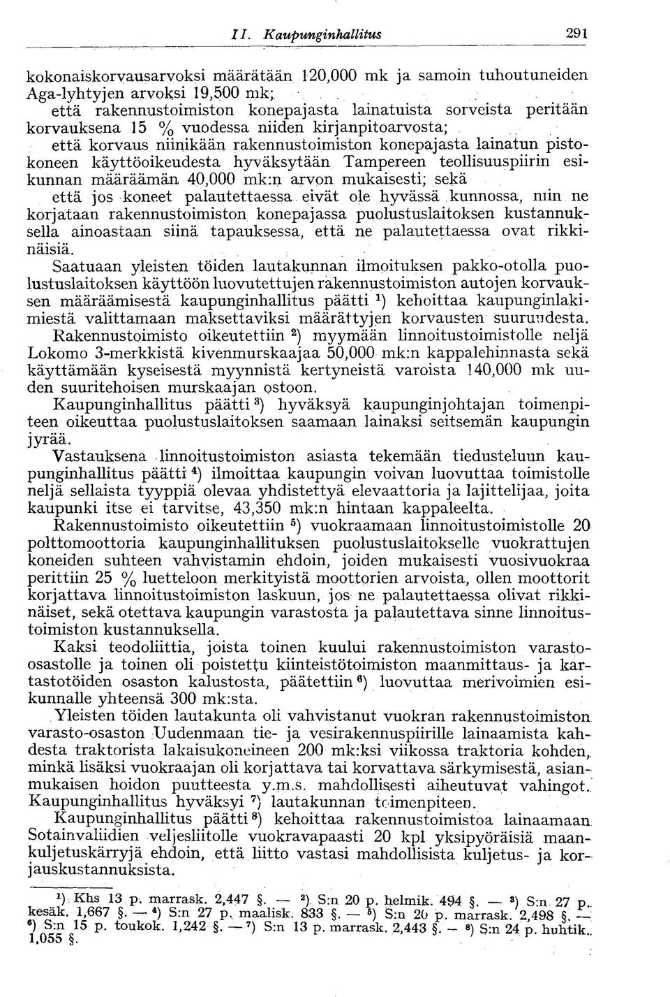 niiden kirjanpitoarvosta; että korvaus niinikään rakennustoimiston konepajasta lainatun pistokoneen käyttöoikeudesta hyväksytään Tampereen teollisuuspiirin esikunnan määräämän 40,000 mk:n arvon