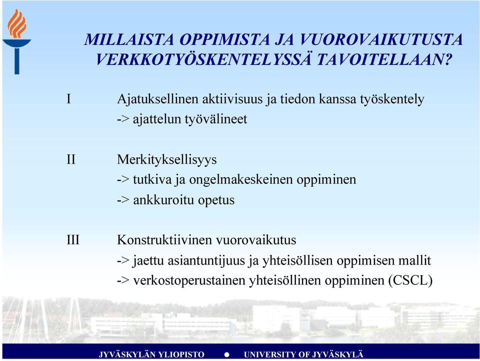 Merkityksellisyys -> tutkiva ja ongelmakeskeinen oppiminen -> ankkuroitu opetus III