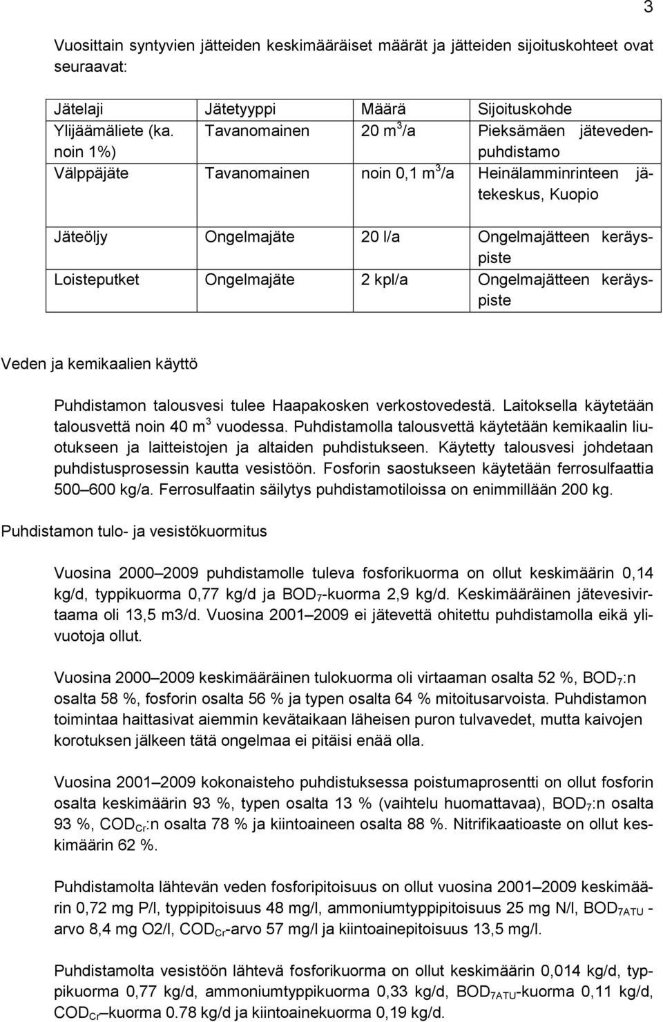 Loisteputket Ongelmajäte 2 kpl/a Ongelmajätteen keräyspiste 3 Veden ja kemikaalien käyttö Puhdistamon talousvesi tulee Haapakosken verkostovedestä.