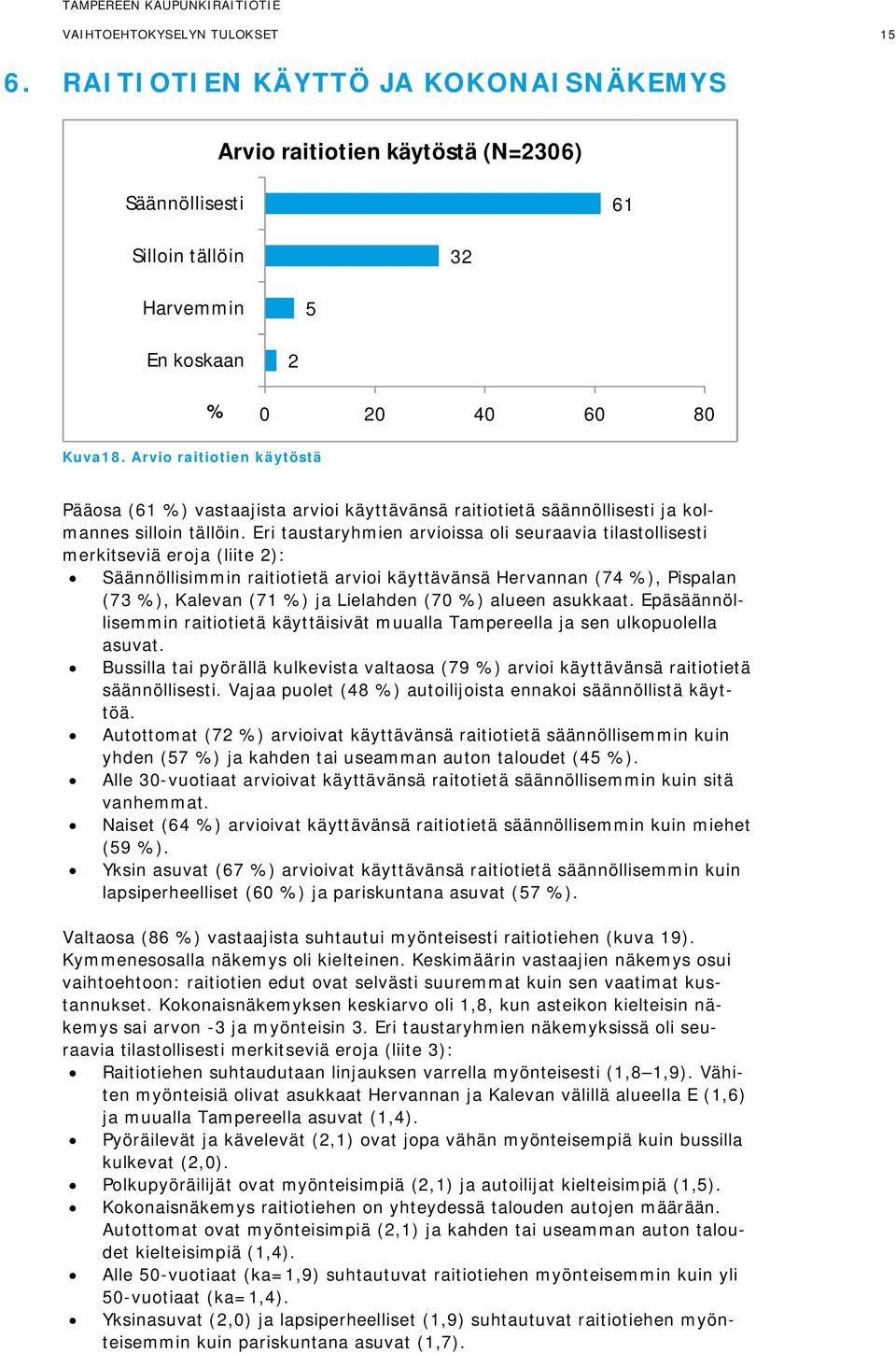 Eri taustaryhmien arvioissa oli seuraavia tilastollisesti merkitseviä eroja (liite 2): äännöllisimmin raitiotietä arvioi käyttävänsä Hervannan (74 %), spalan (73 %), alevan (71 %) ja Lielahden (70 %)