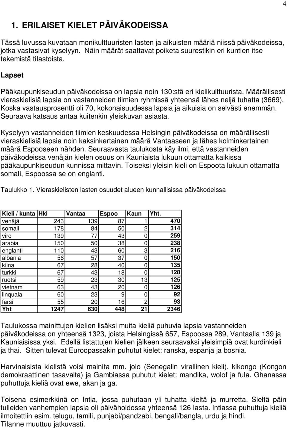 Määrällisesti vieraskielisiä lapsia on vastanneiden tiimien ryhmissä yhteensä lähes neljä tuhatta (3669). Koska vastausprosentti oli 70, kokonaisuudessa lapsia ja aikuisia on selvästi enemmän.