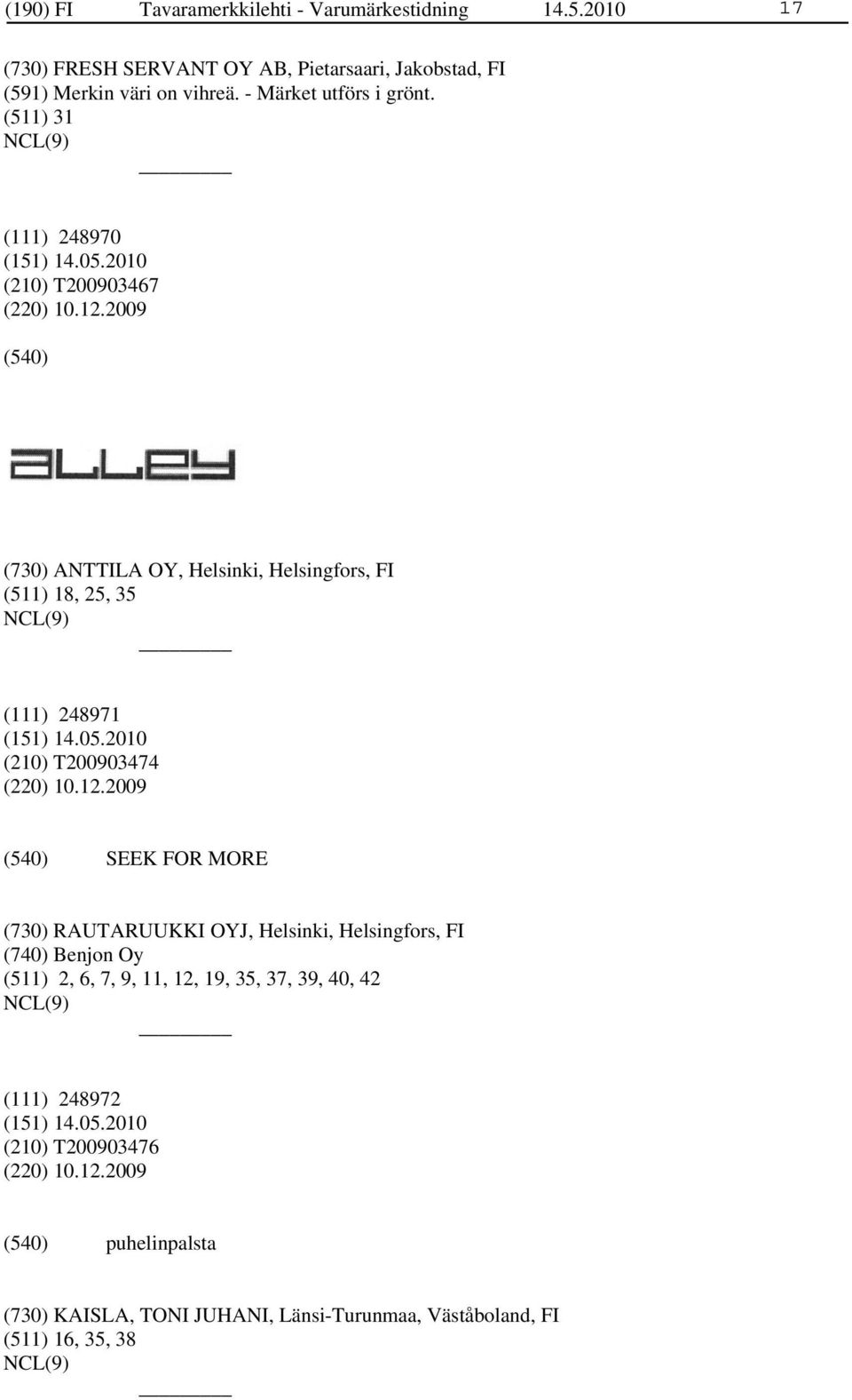 2009 (730) ANTTILA OY, Helsinki, Helsingfors, FI (511) 18, 25, 35 (111) 248971 (210) T200903474 (220) 10.12.