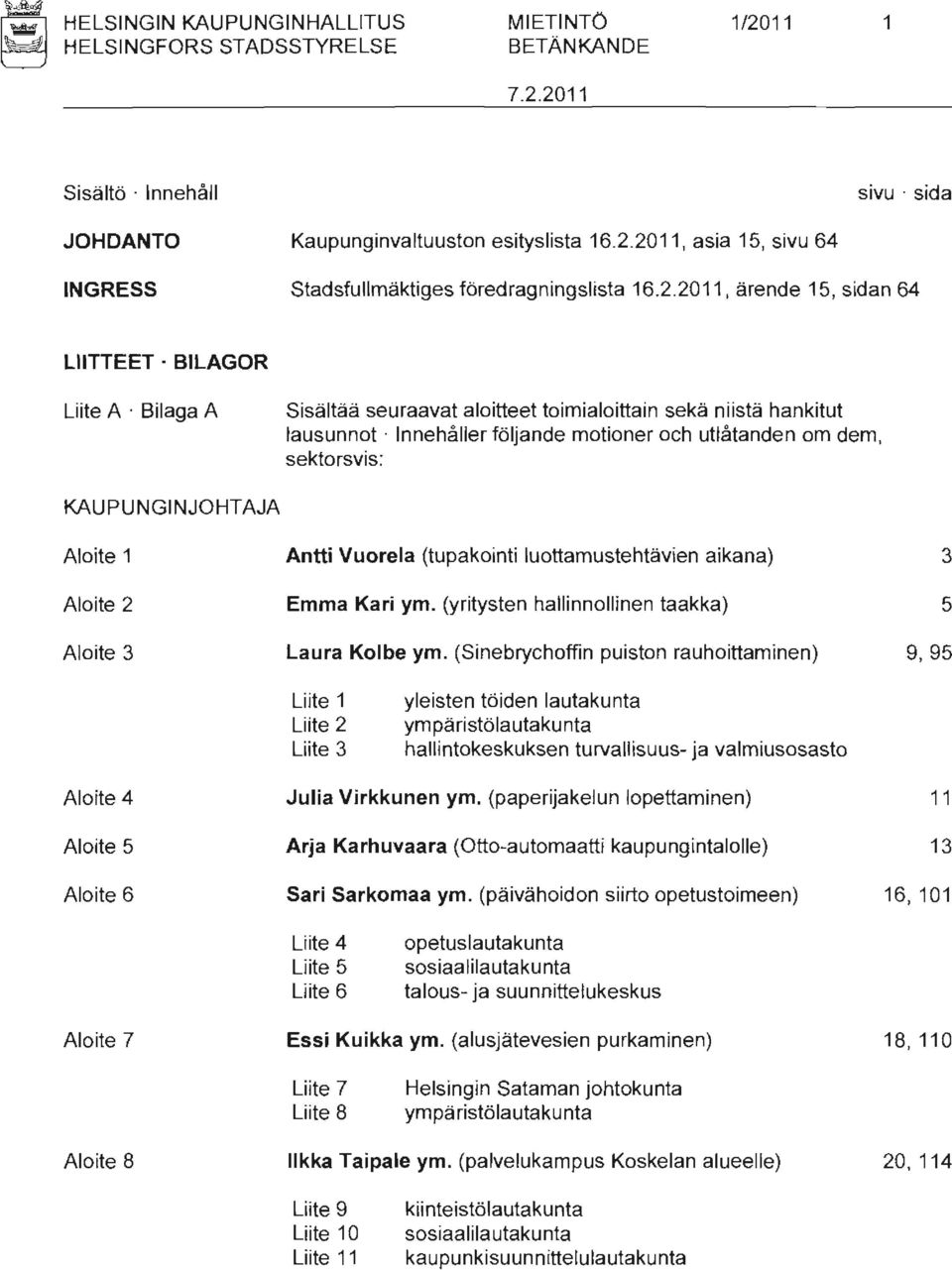 Bilaga A Sisältää seuraavat aloitteet toimialoittain sekä niistä hankitut lausunnot Innehåller följande motioner och utlåtanden om dem, sektorsvis: KAUPUNGINJOHTAJA Aloite 1 Aloite 2 Aloite 3 Antti