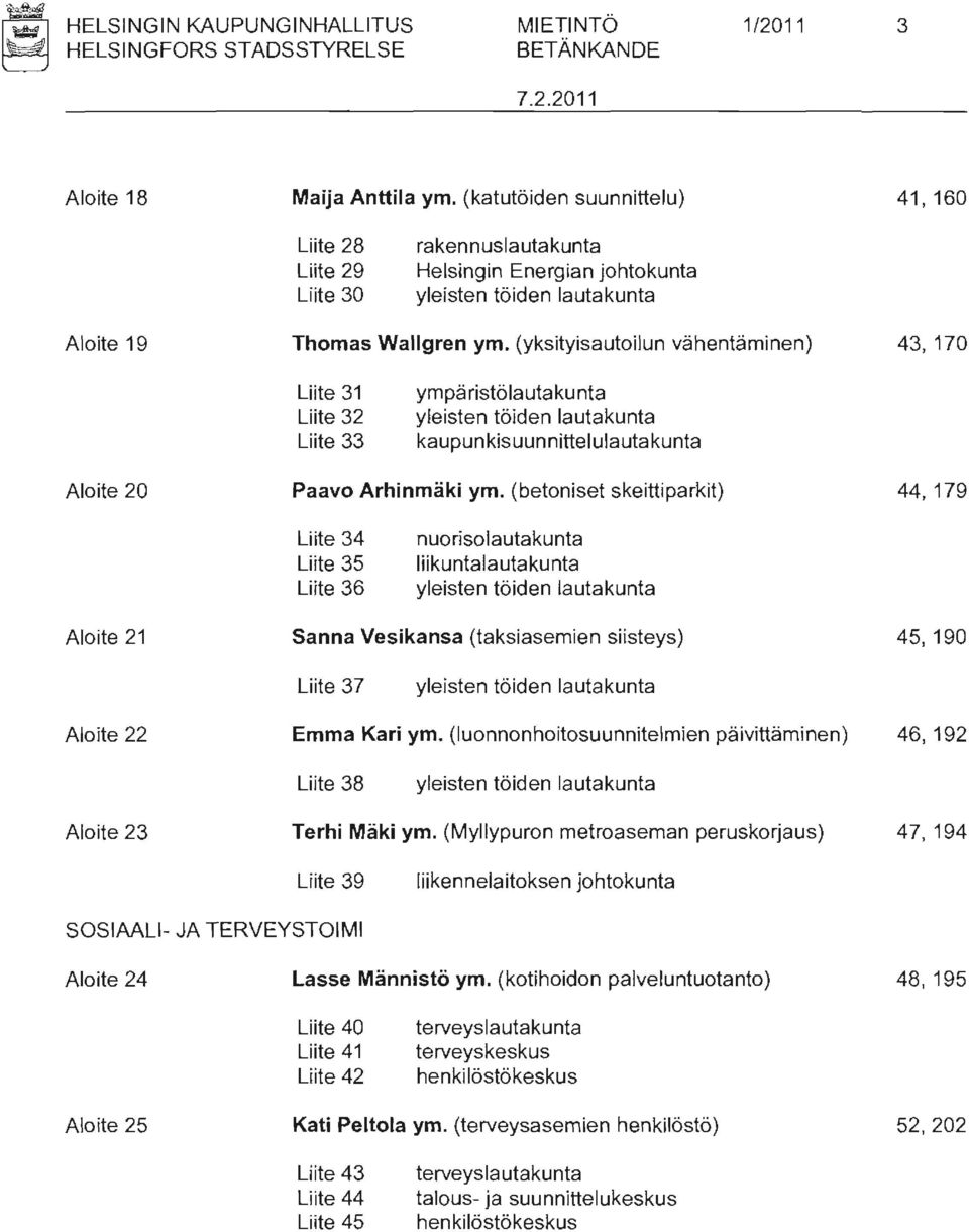 (yksityisautoilun vähentäminen) 43,170 Liite 31 Liite 32 Liite 33 ympäristölautaku nta yleisten töiden lautakunta kaupunkisuunnittelulautakunta Aloite 20 Paavo Arhinmäki ym.