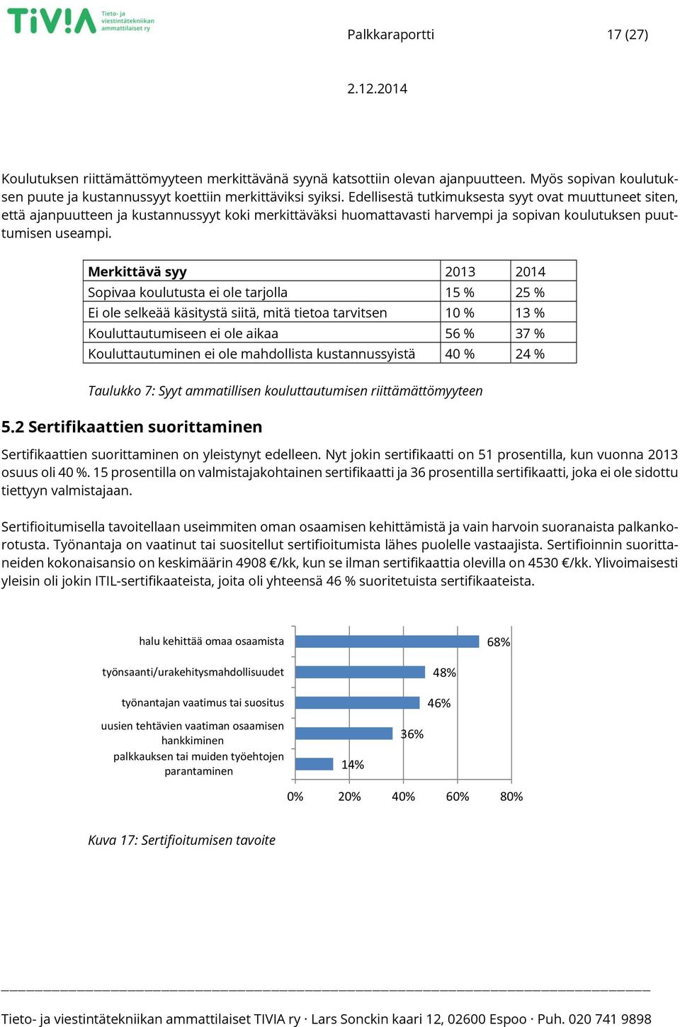 Merkittävä syy 2013 2014 Sopivaa koulutusta ei ole tarjolla 15 % 25 % Ei ole selkeää käsitystä siitä, mitä tietoa tarvitsen 10 % 13 % Kouluttautumiseen ei ole aikaa 56 % 37 % Kouluttautuminen ei ole