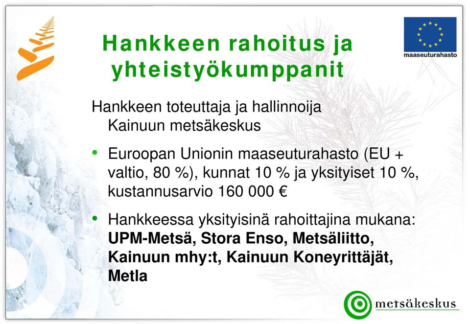 ja yksityiset 10 %, kustannusarvio 160 000 Hankkeessa yksityisinä rahoittajina