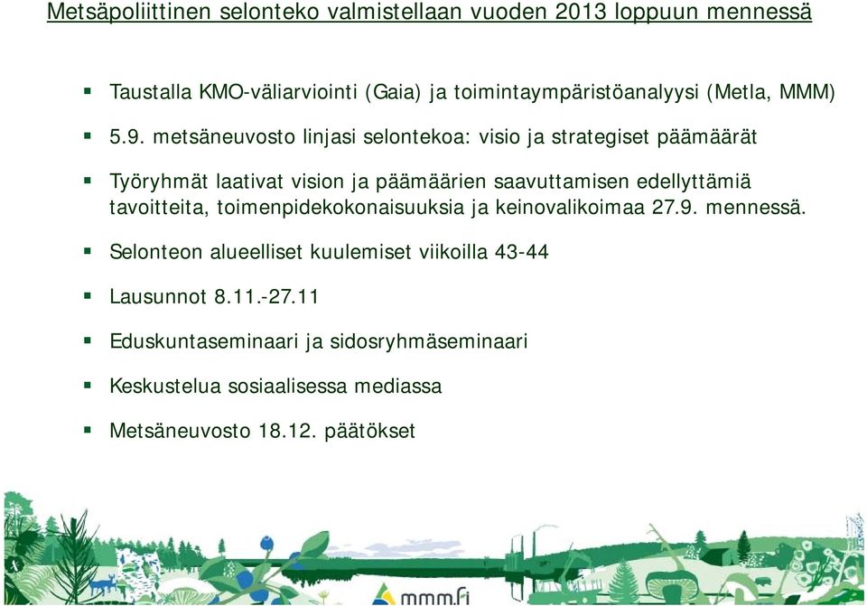 metsäneuvosto linjasi selontekoa: visio ja strategiset päämäärät Työryhmät laativat vision ja päämäärien saavuttamisen edellyttämiä