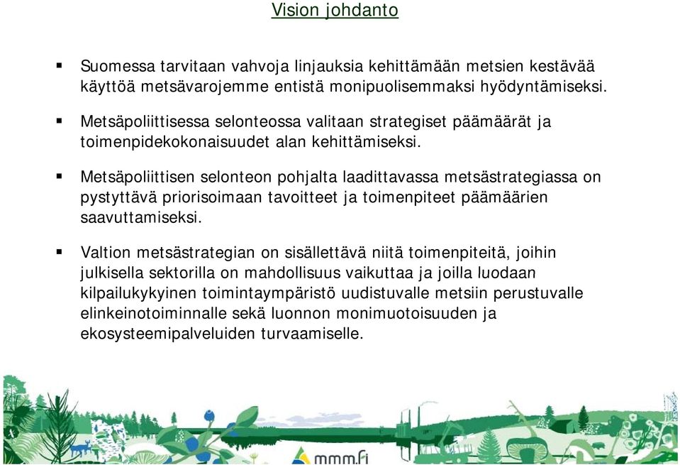 Metsäpoliittisen selonteon pohjalta laadittavassa metsästrategiassa on pystyttävä priorisoimaan tavoitteet ja toimenpiteet päämäärien saavuttamiseksi.